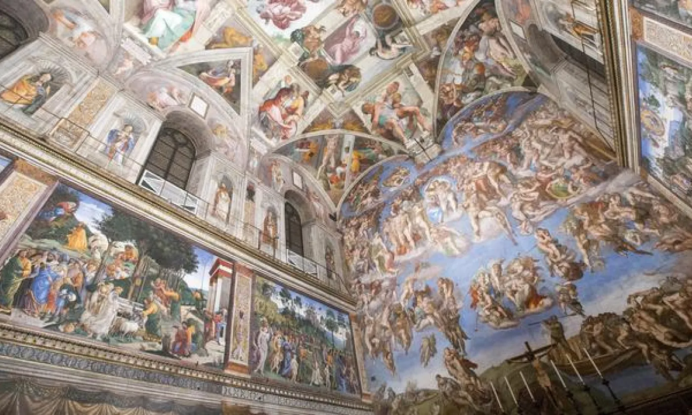 Réalisée par Michel-Ange, la fresque Le Jugement Dernier de la chapelle Sixtine connaît sa plus grande rénovation. KEYSTONE - MUSEI VATICANI/ANSA/CLAUDIO PERI