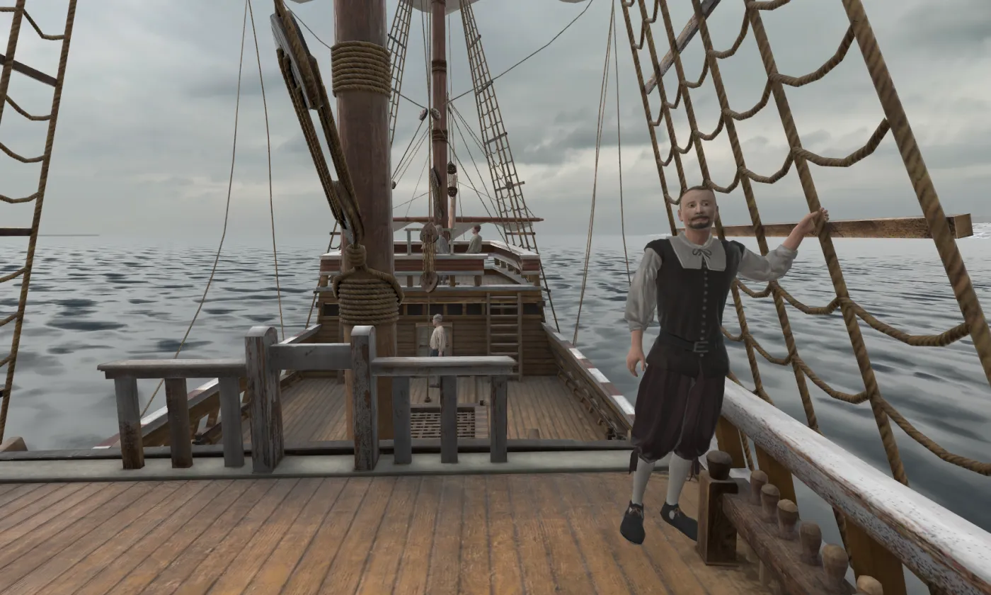 Une reconstitution du Mayflower embarque le visiteur grâce à la réalité virtuelle. © MIR